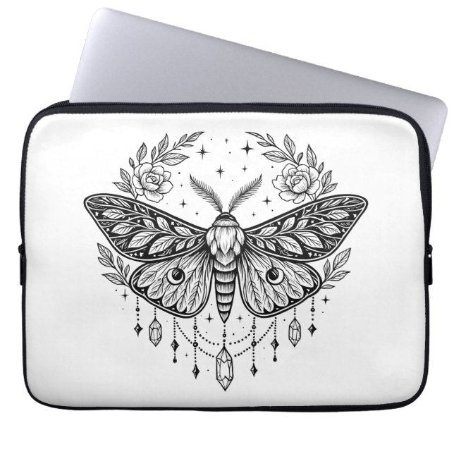 Mystical Gothic Moth Botanical Celestial Line Art Laptop Sleeve (Front)