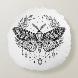 Mystical Gothic Moth Botanical Celestial Line Art  Round Cushion