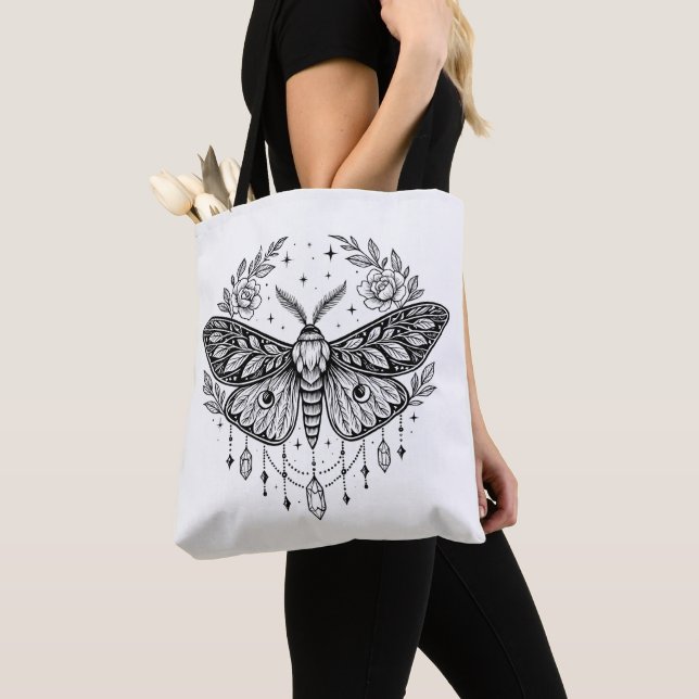 Mystical Gothic Moth Botanical Celestial Line Art  Tote Bag (Close Up)