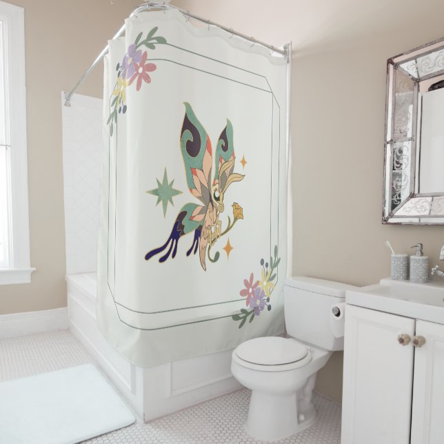 Mystical Graphic Artwork, Green Fae Butterfly Shower Curtain (In Situ)