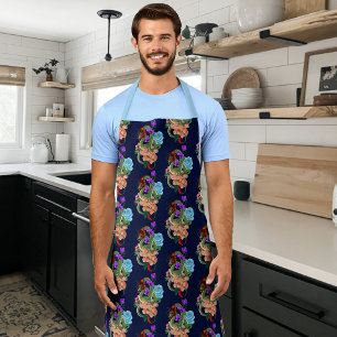 Mystical Green Chinese Dragon Floral Navy Blue Apron