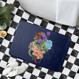 Mystical Green Chinese Dragon Floral Navy Blue Bath Mat