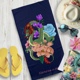 Mystical Green Chinese Dragon Floral Navy Blue Beach Towel