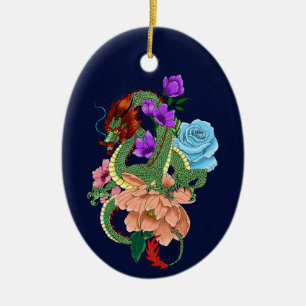 Mystical Green Chinese Dragon Floral Navy Blue Ceramic Ornament