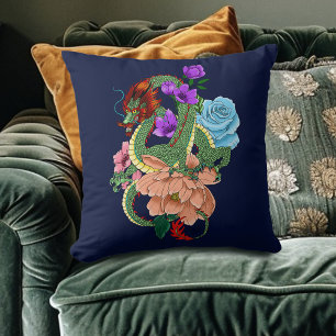 Mystical Green Chinese Dragon Floral Navy Blue Cushion