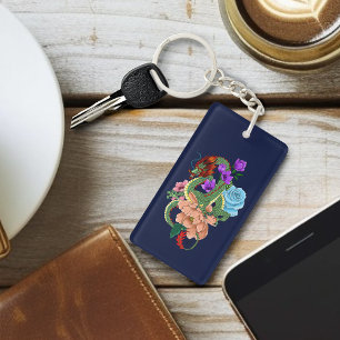 Mystical Green Chinese Dragon Floral Navy Blue Key Ring