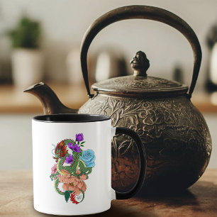 Mystical Green Chinese Dragon Floral Navy Blue Mug