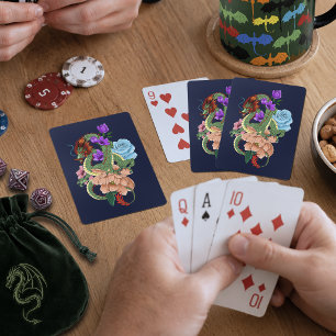 Mystical Green Chinese Dragon Floral Navy Blue Playing Cards