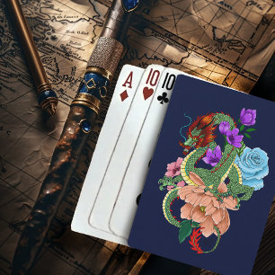 Mystical Green Chinese Dragon Floral Navy Blue Playing Cards