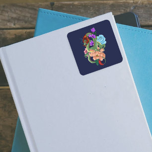 Mystical Green Chinese Dragon Floral Navy Blue Square Sticker