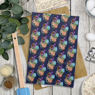 Mystical Green Chinese Dragon Floral Navy Blue Tea Towel