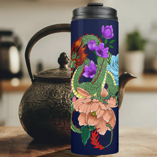 Mystical Green Chinese Dragon Floral Navy Blue Thermal Tumbler