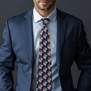 Mystical Green Chinese Dragon Floral Navy Blue Tie