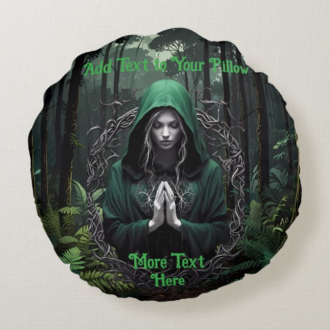 Mystical Green Figure in moody Woods Praying Round Cushion (Back)
