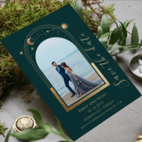 Mystical Green Gold Celestial Two Photo Wedding