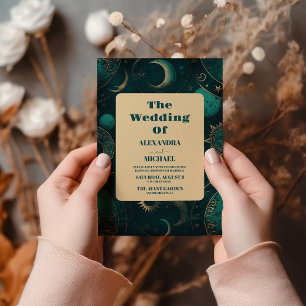 Mystical Green Gold Sun Moon Astronomy Space weddi Invitation