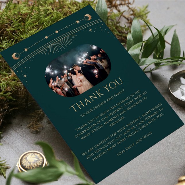 Mystical Green Gold Sun Moon Stars Photo Wedding Thank You Card (Creator Uploaded)