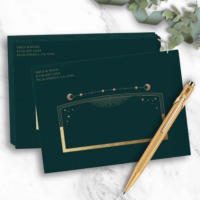 Mystical Green Gold Sun Moon Stars Wedding Envelope (Creator Uploaded)