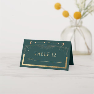 Mystical Green Gold Sun Moon Stars Wedding Place Card
