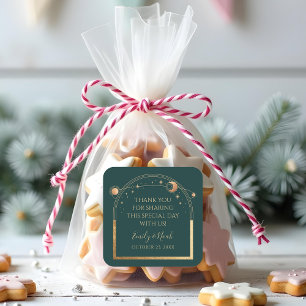 Mystical Green Gold Sun Moon Stars Wedding Square Sticker