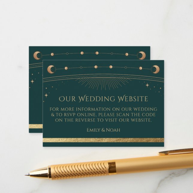 Mystical Green Gold Wedding Website QR Code Enclosure Card (Front/Back In Situ)