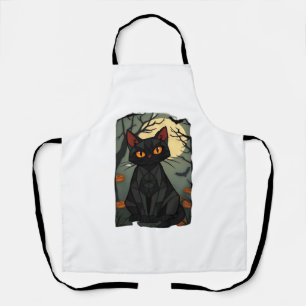 Mystical Halloween Black Cat Art - Spooky Feline w Apron