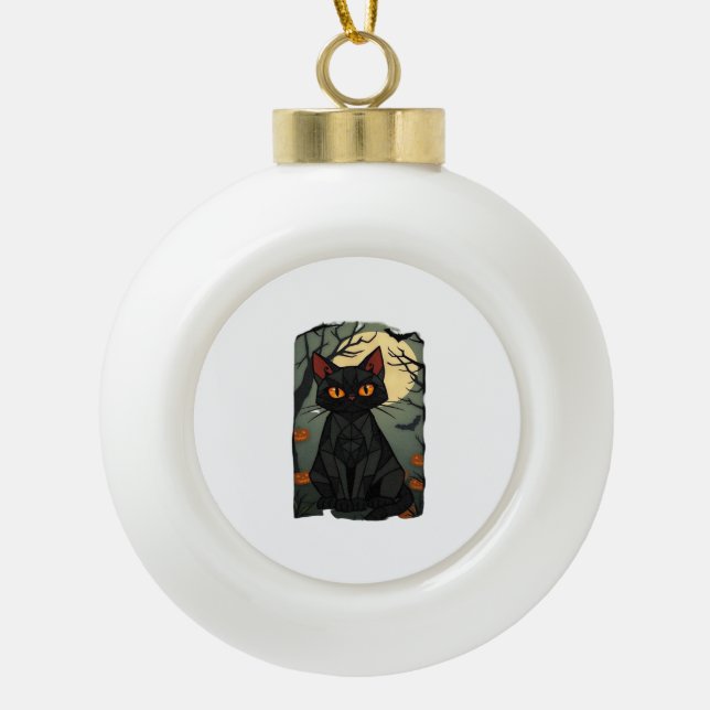 Mystical Halloween Black Cat Art - Spooky Feline w Ceramic Ball Christmas Ornament (Front)