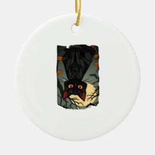 Mystical Halloween Black Cat Art - Spooky Feline w Ceramic Ornament