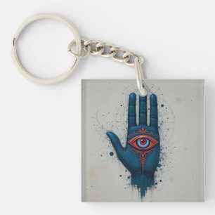 Mystical Hand Illustration with Red Eye Key Ring