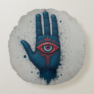 Mystical Hand Illustration with Red Eye Round Cushion