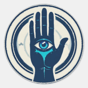 Mystical hand with blue eye, surreal circular classic round sticker