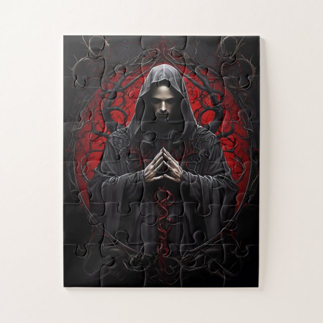 Mystical Hooded Figure in Red Praying  Jigsaw Puzzle (Vertical)
