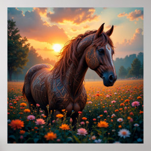 Mystical Horse in Flower Field Poster