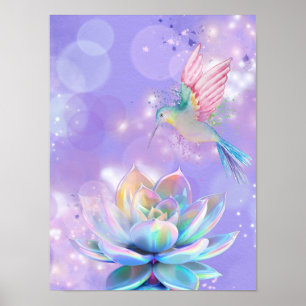 Mystical Hummingbird and Rainbow Lotus Poster
