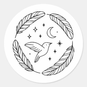 Mystical Hummingbird Line Art in Celestial Circle Classic Round Sticker