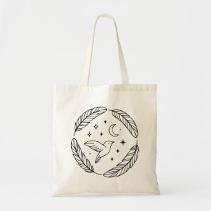 Mystical Hummingbird Line Art in Celestial Circle Tote Bag