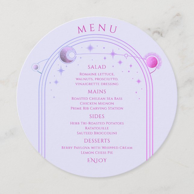 Mystical Lavender Pink Sun Moon Space Wedding Menu (Front)