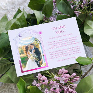Mystical Lavender Pink Sun Moon Star Photo Wedding Thank You Card