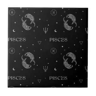 Mystical Libra Zodiac Pattern in Black and White Ceramic Tile