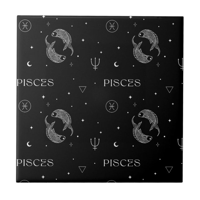 Mystical Libra Zodiac Pattern in Black and White Ceramic Tile (Front)