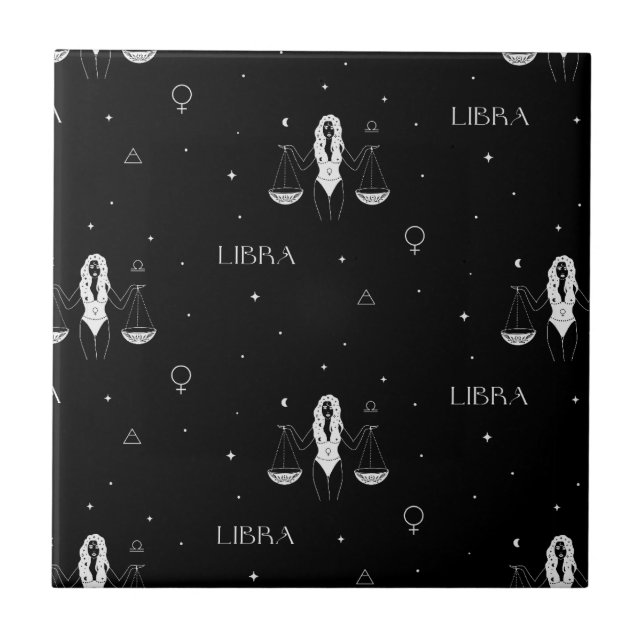 Mystical Libra Zodiac Pattern in Black and White Ceramic Tile (Front)