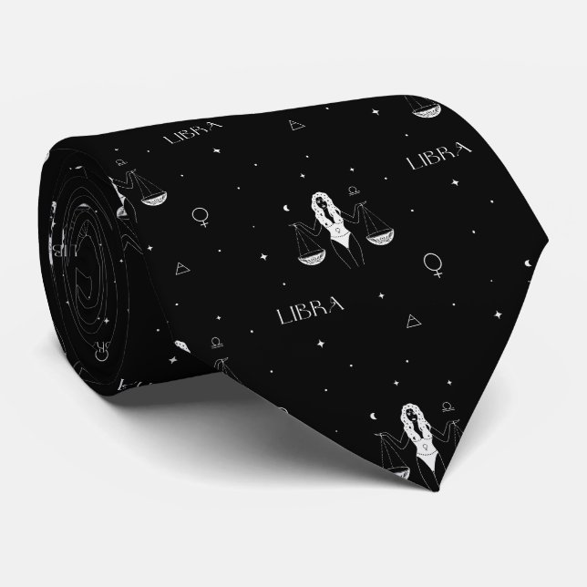 Mystical Libra Zodiac Pattern in Black and White Tie (Rolled)