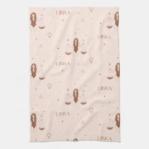 Mystical Libra Zodiac Pattern in Pink and Brown Tea Towel