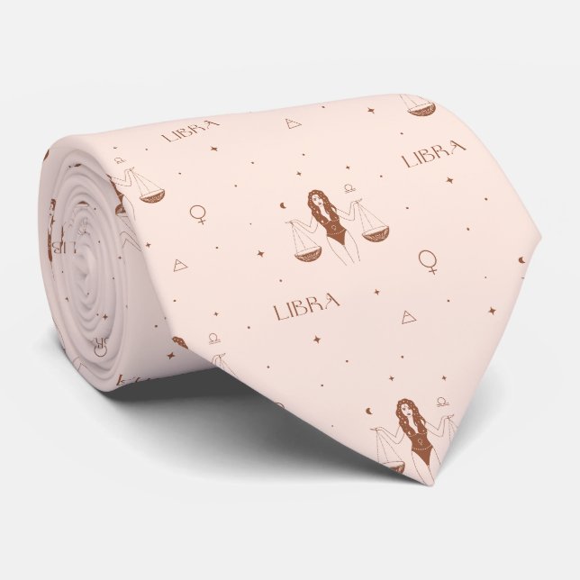 Mystical Libra Zodiac Pattern in Pink and Brown Tie (Rolled)