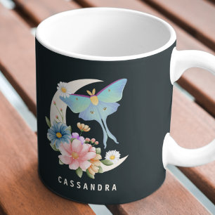 Mystical Luna Moth Floral Moon Personalised Name  Coffee Mug