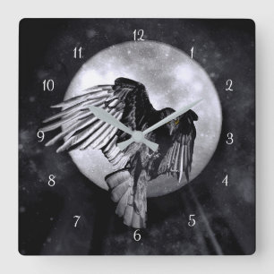 Mystical Magical Raven or Crow and Moon Square Wall Clock