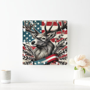 Mystical Majestic Deer Flag Feather Square Wall Clock