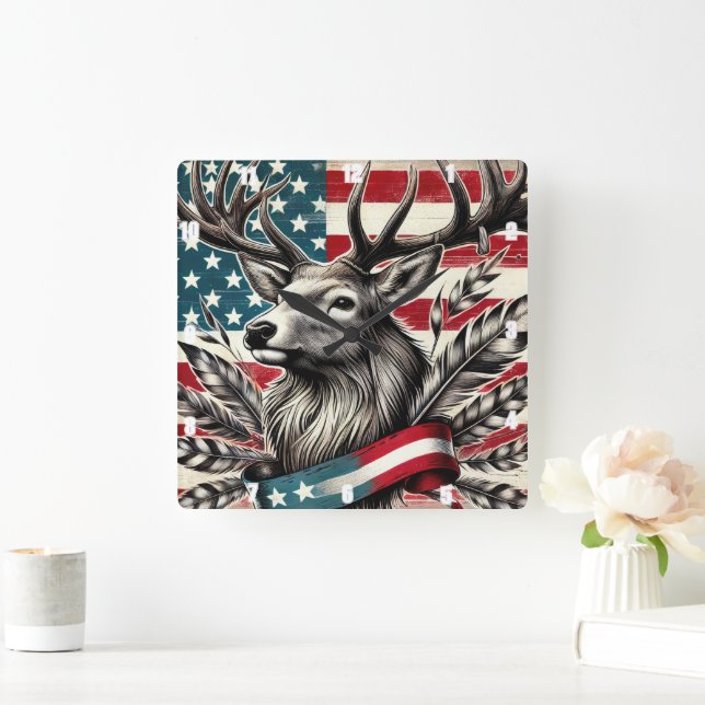 Mystical Majestic Deer Flag Feather Square Wall Clock (Home)