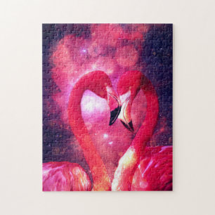Mystical Majestic Galaxy Flamingos in Love Jigsaw Puzzle