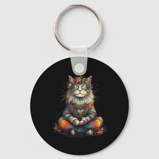 Mystical Meditating Cat - Boho Zen Artwork - Yoga  Key Ring (Front)